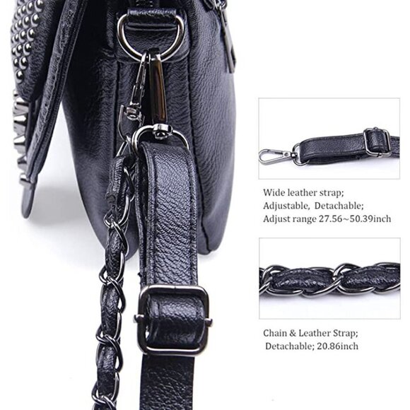 Black Leather Skull Crossbody Bag Chain Gothic Shoulder Biker Rocker Studded NWT - Picture 6 of 11